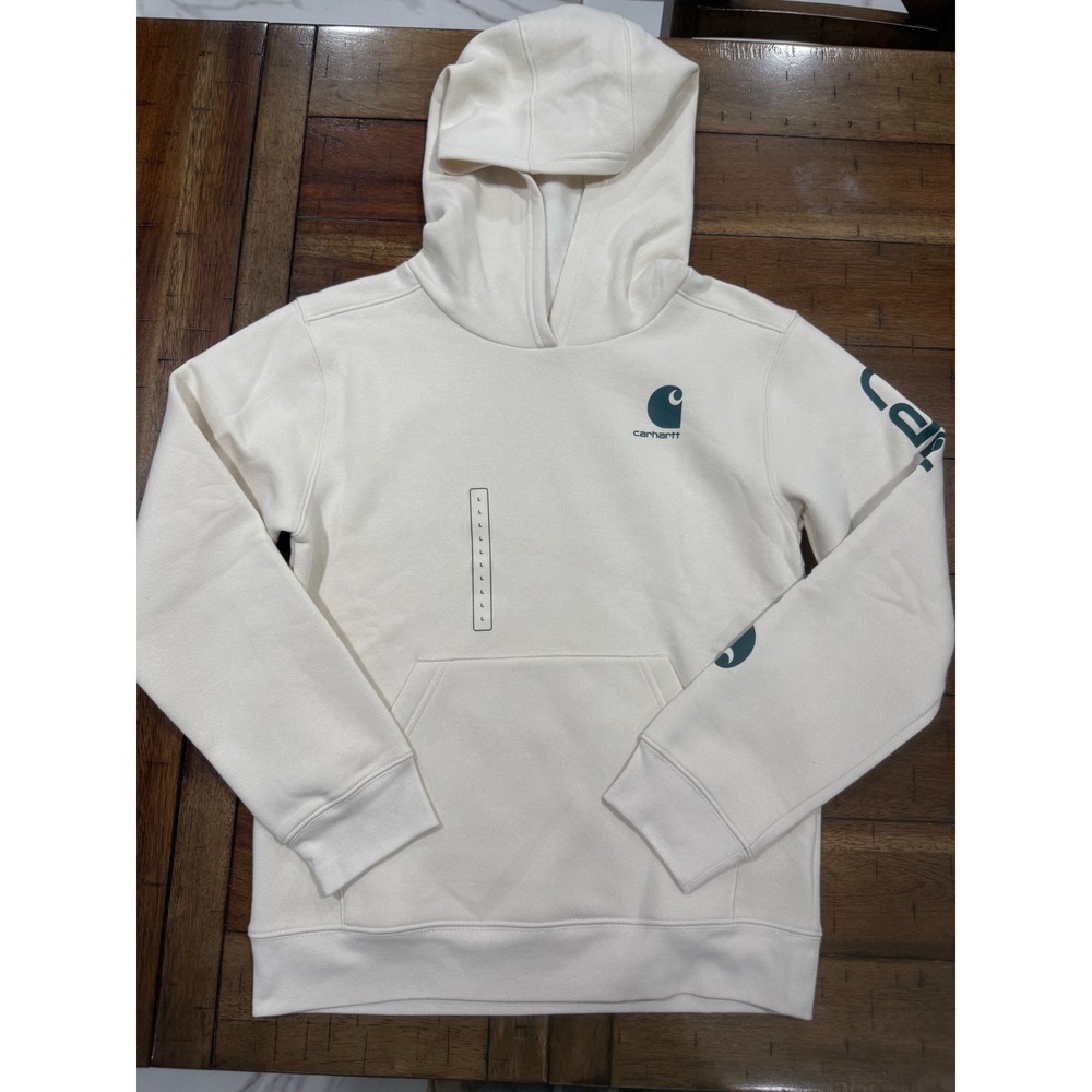 Carhartt Girls Graphic Hoodie Off-White Teal Logo Sweatshirt TS7131-G Size L